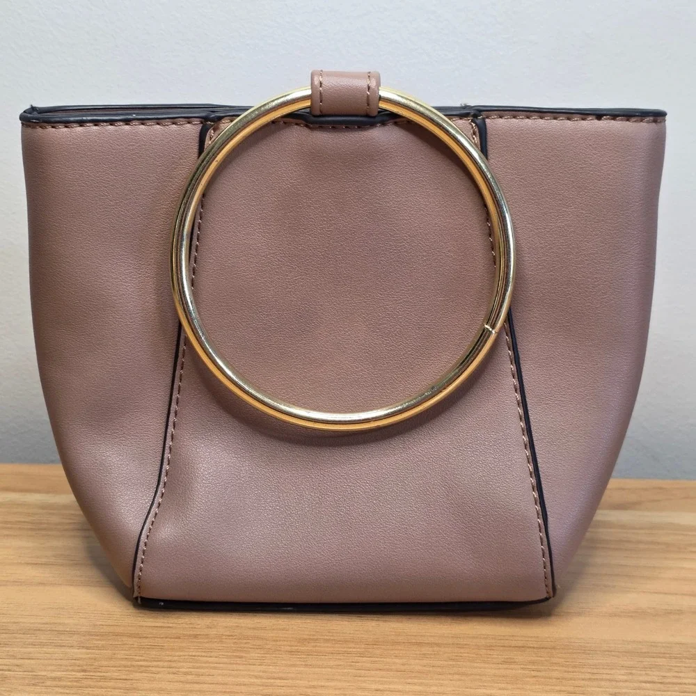 Colab Taupe/Pink Faux Leather Top‎ Handle Bag Gold Ring Handles - Picture 2 of 7